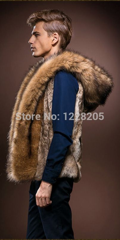 Wholesale-Fashion Men Faux Fox Fur Vest with Hoodie Thick Fur hooded Mens Waistcoats Sleeveless Jacket Coat outerwear Male clothing coats