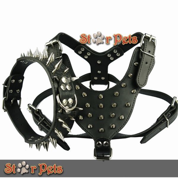 High Quality Spiked Studded Leather Dog Harness Chest 26"-34" & Spiked Leather Collar for Mastiff Pitbull Boxer