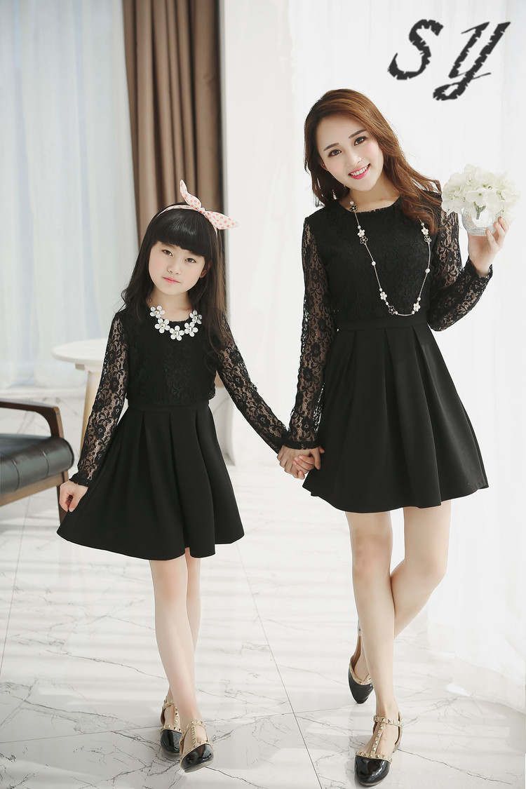 Mom And Daughter Dress Long Lace Sleeve & Lace Cover Korean Family