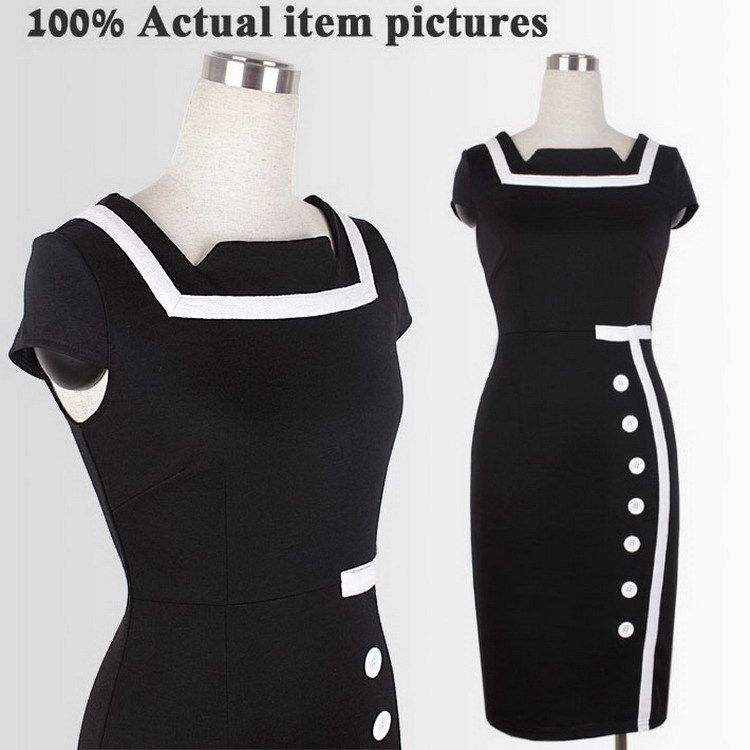 Plus Size S to 4XL Summer 2015 Women White Buttoned Tipping Rockabilly Evening Pencil Party Bodycon Dress Y742 for Wholesale