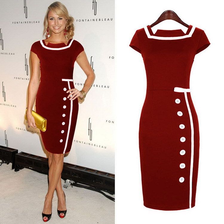 Plus Size S to 4XL Summer 2015 Women White Buttoned Tipping Rockabilly Evening Pencil Party Bodycon Dress Y742 for Wholesale