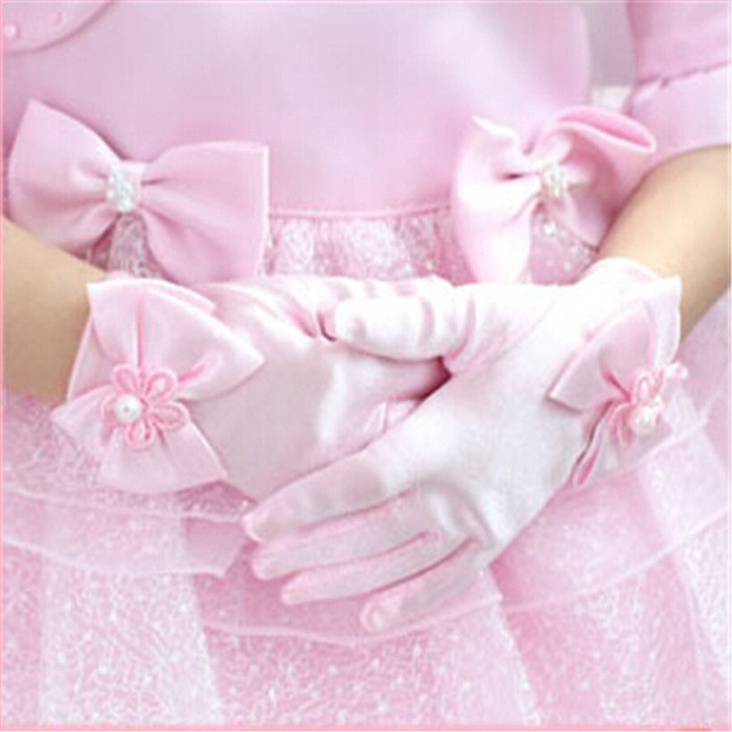 Child Kids Formal Dress Flower Girl Gloves Princess Dress Satin Bow