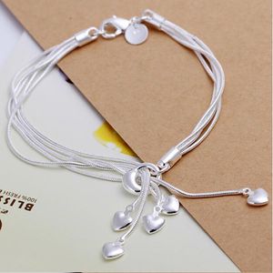 Wholesale-Fashion Charm 925 sterling Silver Muti Line Bracelets Snake Chain Hearts Braclets For Women Jewelry Pulseras de Plata 925 H067