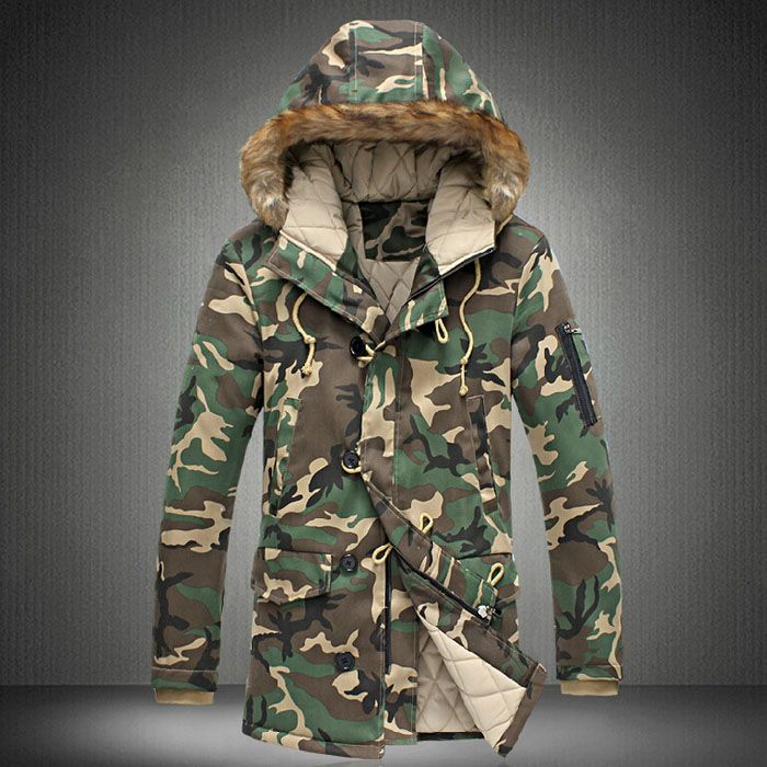 Wholesale-Men Camouflage Down Jackets New Winter Snow Fashion Brand Business Dress Camo Slim Fit Long Coats F0500
