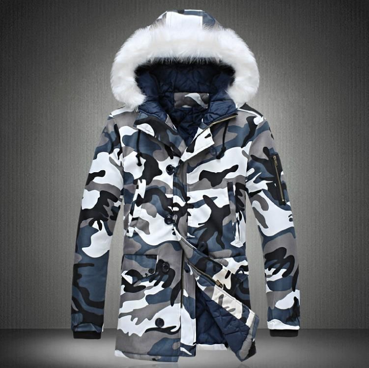 Wholesale-Men Camouflage Down Jackets New Winter Snow Fashion Brand Business Dress Camo Slim Fit Long Coats F0500