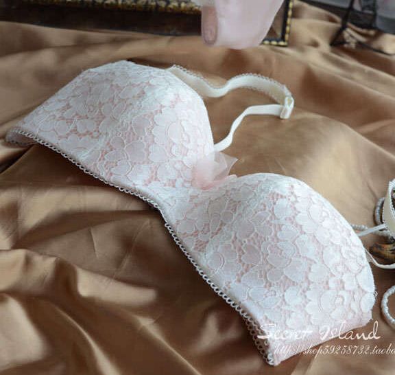 Wholesale-[ 32-38 A B C Cup ] New Fashion Women's White Lace Princess pink beautiful half cup Wire Free underwear bra set Color Block