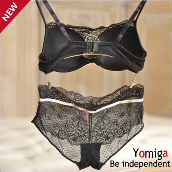 Wholesale-New style black beige elegant lace satin sexi bras lingerie brand push up bra panty plus size fashions underwear sets for women