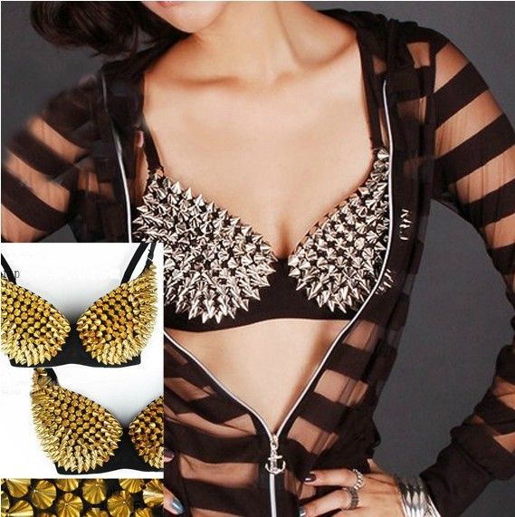 Wholesale-GaGa Womens Sexy Gold Silver Tone Metallic Gathers Steam Punk Spike Studs Rivet Push Up Bra Stage Show
