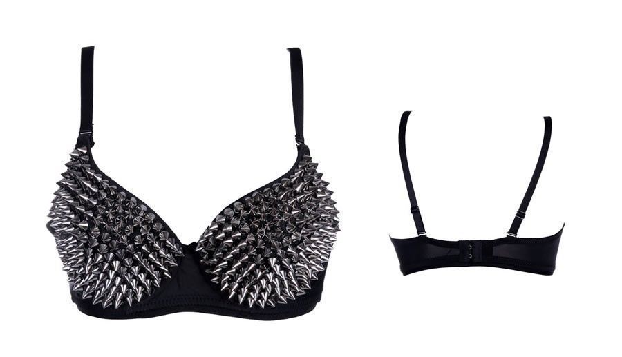 Wholesale-GaGa Womens Sexy Gold Silver Tone Metallic Gathers Steam Punk Spike Studs Rivet Push Up Bra Stage Show