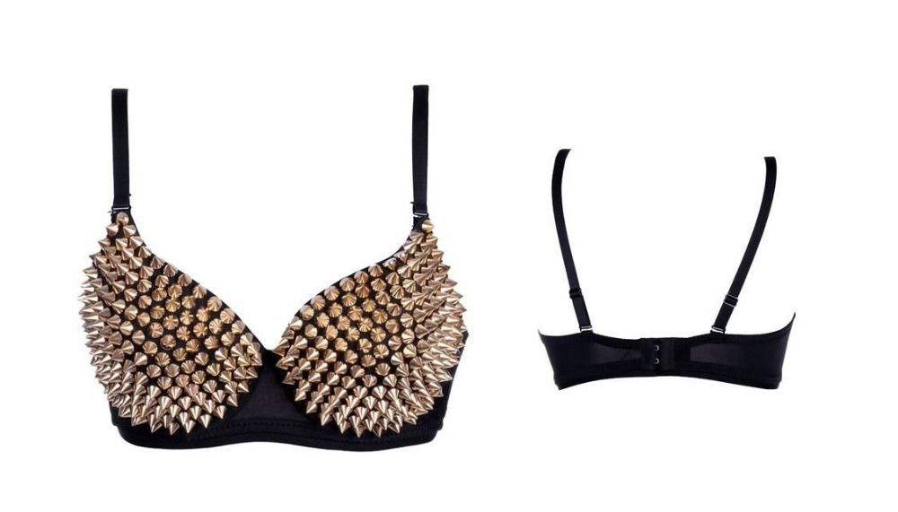 Wholesale-GaGa Womens Sexy Gold Silver Tone Metallic Gathers Steam Punk Spike Studs Rivet Push Up Bra Stage Show