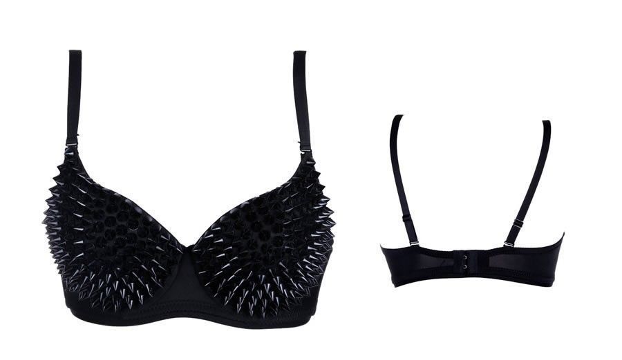 Wholesale-GaGa Womens Sexy Gold Silver Tone Metallic Gathers Steam Punk Spike Studs Rivet Push Up Bra Stage Show