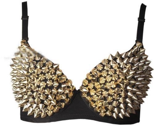 Wholesale-GaGa Womens Sexy Gold Silver Tone Metallic Gathers Steam Punk Spike Studs Rivet Push Up Bra Stage Show