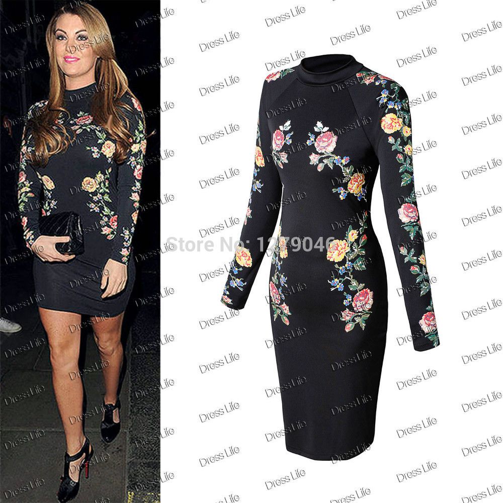 2015 New Womens Spring Autumn Black Print Floral Prom Dress Long Sleeve Cocktail Party Bodycon Celeb Vestidos Wrap Dresses