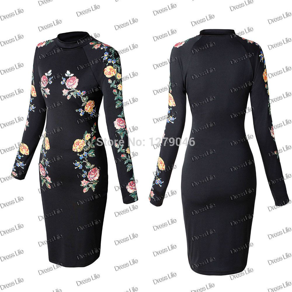 2015 New Womens Spring Autumn Black Print Floral Prom Dress Long Sleeve Cocktail Party Bodycon Celeb Vestidos Wrap Dresses