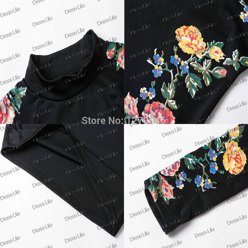 2015 New Womens Spring Autumn Black Print Floral Prom Dress Long Sleeve Cocktail Party Bodycon Celeb Vestidos Wrap Dresses