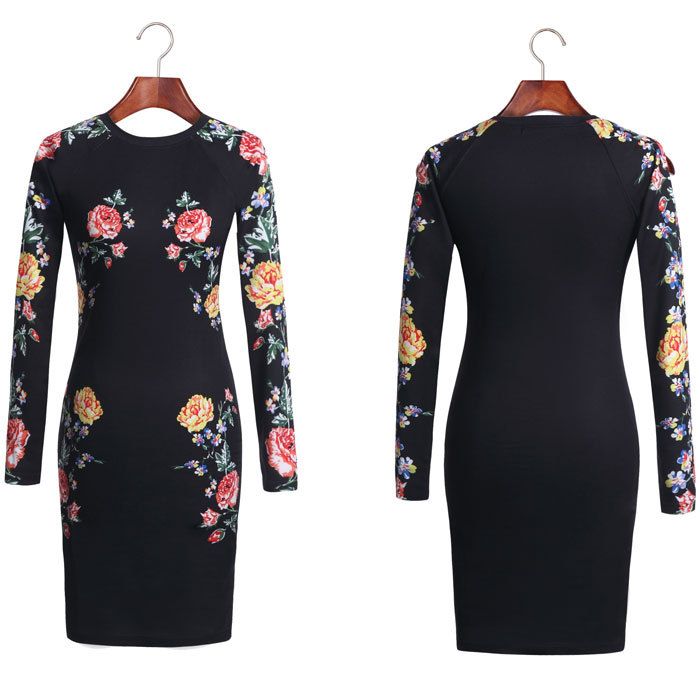 2015 New Womens Spring Autumn Black Print Floral Prom Dress Long Sleeve Cocktail Party Bodycon Celeb Vestidos Wrap Dresses