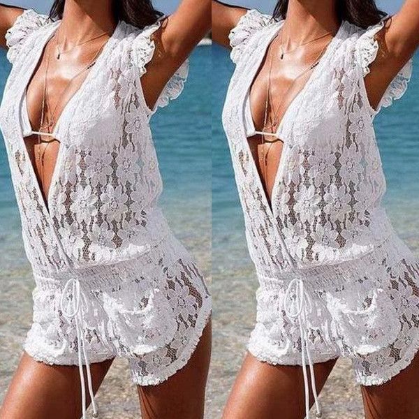 Wholesale-Summer Style Sexy Womens Lace Floral Rompers Deep V Neck Beachwear Jumpsuits Short Pants