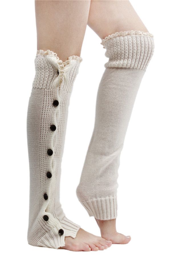 Wholesale-Lace Trim Flat Cuffs Button Down Knit Warmers Knee High Boot Socks Winter Boot Warm Socks Knit Leg Warmer for Christmas DP851958