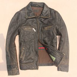 Fall-Vintage retro finishing edging cowhide genuine leather clothing male cattle leather jacket bakham biochemical flight suit short