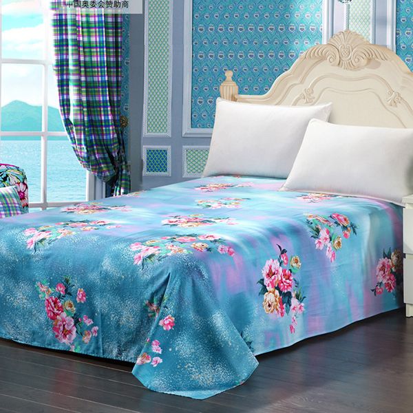 Discount Wholesale Bed Cover Sheet Blue Background Blooming Flowers