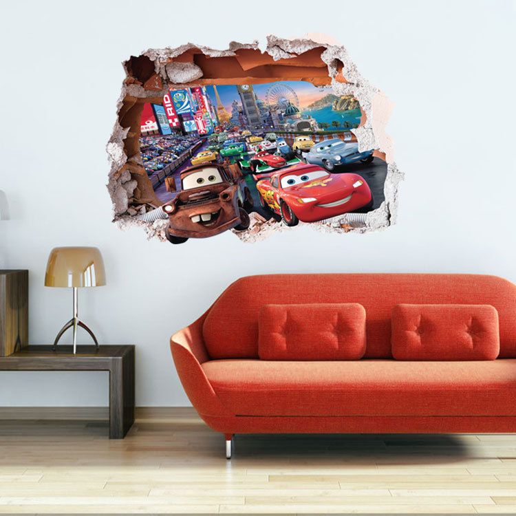 Cartoon Cars Break Through Wall Art Mural Decor Sticker Cracked Cars
