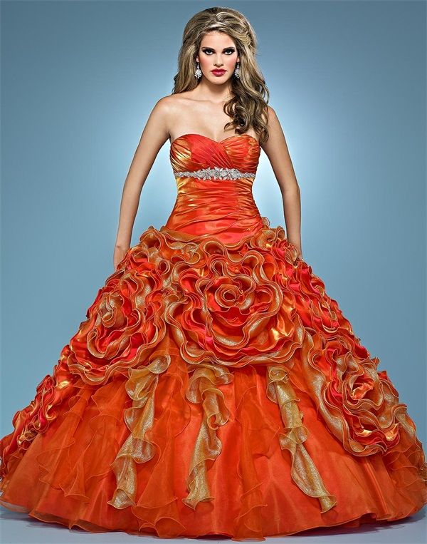 2012 Quinceanera Dresses Orange Organza Gold Ruched Flowered Prom