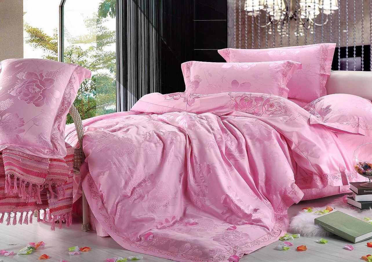 Light Pink Flowers Sateen Fabric Jacquard Bedding Full/queen Bed Linen