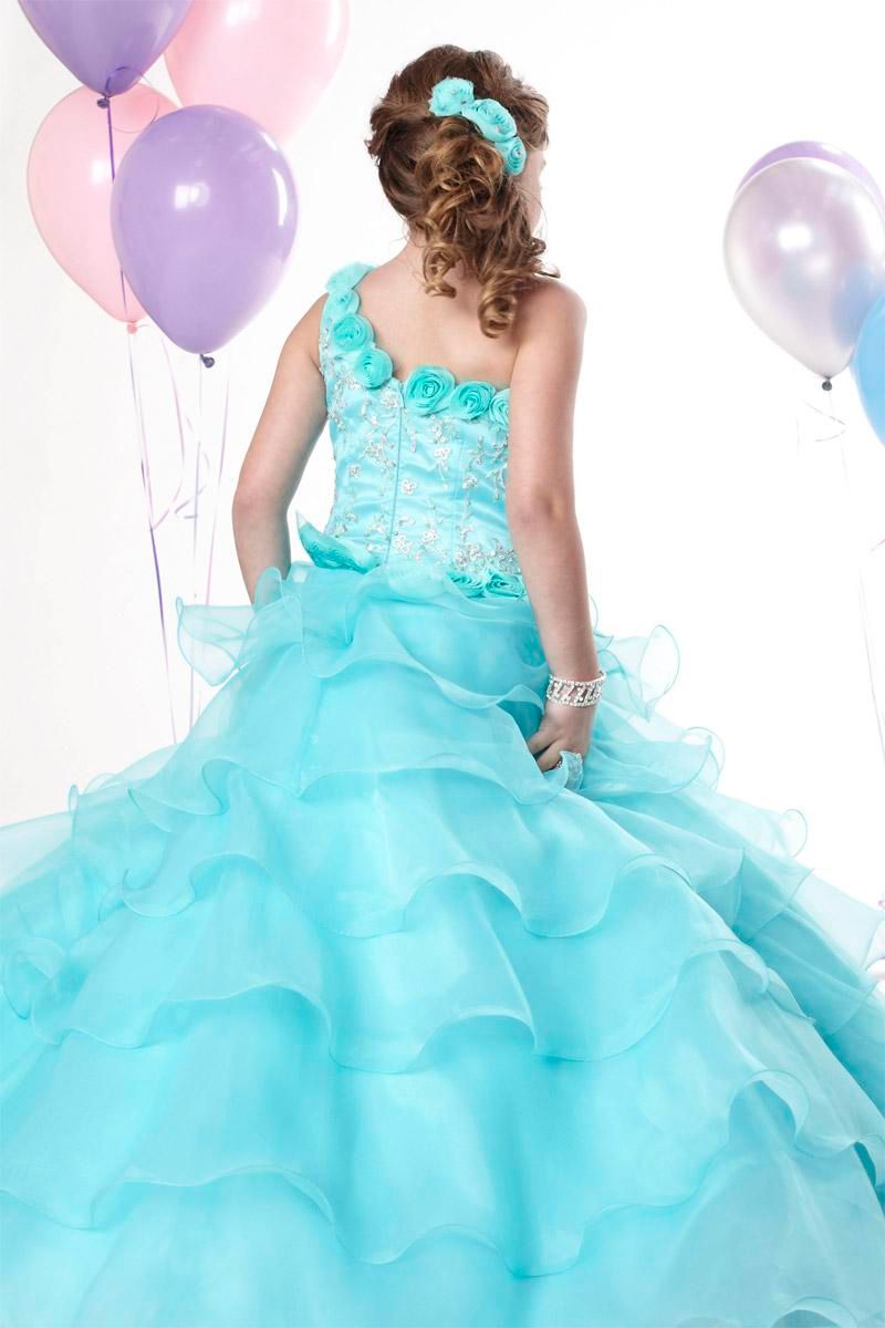 Christmas Blue Organza One-Shoulder Beads Wedding Flower Girl Dress Girl's Skirt Birthday Pageant Dress Custom Size 2 4 6 8 10 12 F129028