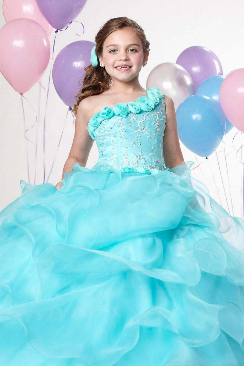 Christmas Blue Organza One-Shoulder Beads Wedding Flower Girl Dress Girl's Skirt Birthday Pageant Dress Custom Size 2 4 6 8 10 12 F129028