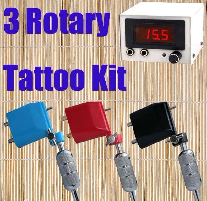 Super Tattoo Gun Kits 3 Rotary Tattoo Motor Machines & Led Power Supply