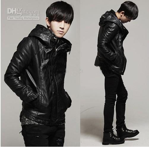Korean Slim Men's Leather Jacket With Hooded Full Zipper Plus Cotton
