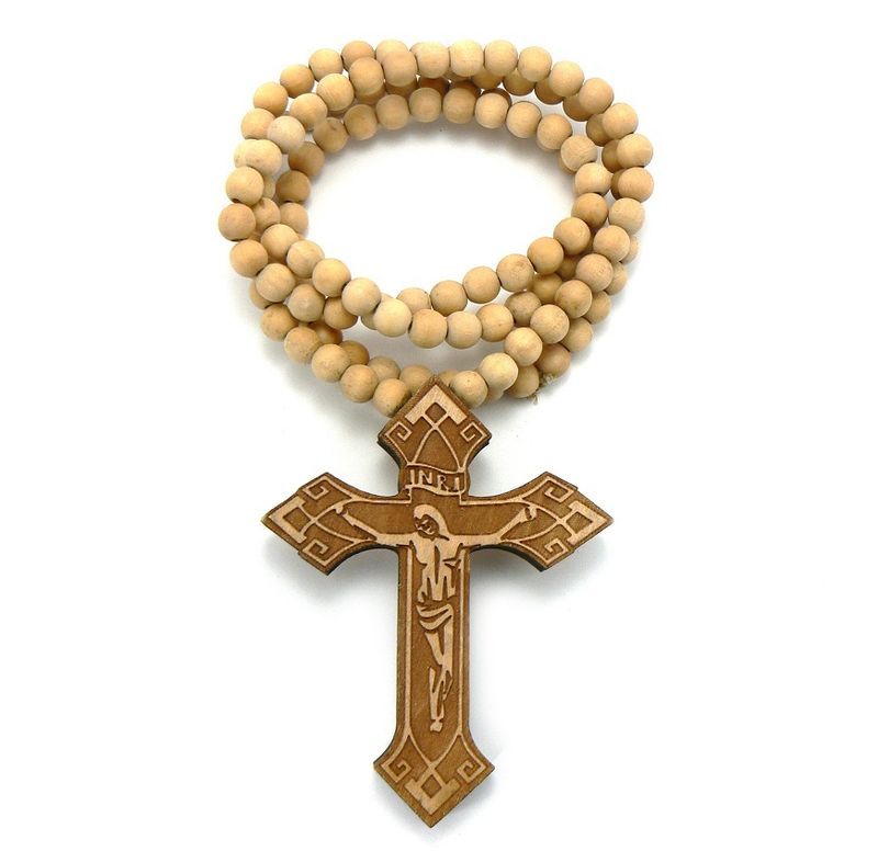 Wooden Inri Jesus Cross Pendant With A 36 Inch Wood Beaded Necklace Good Chain Free Shiipping