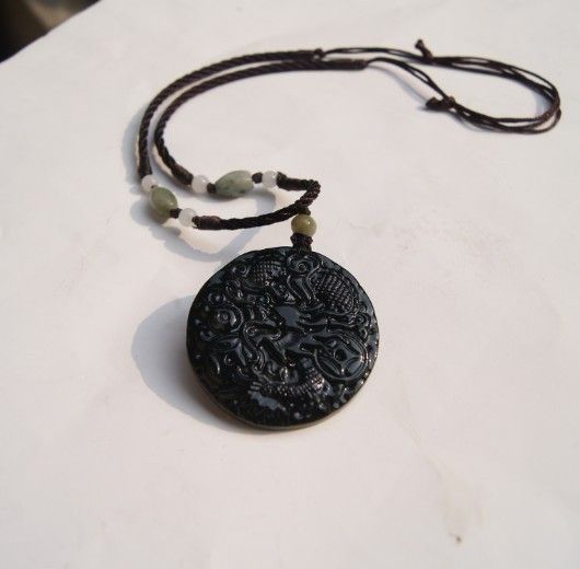 Natural dark green jade. Amulet pendant.Round money (Long) .2012 Year of the Dragon