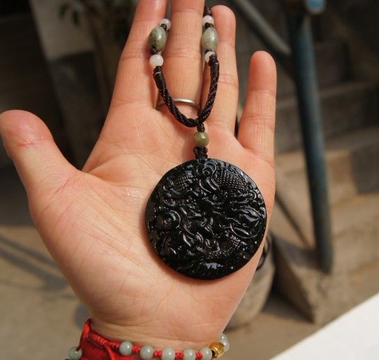 Natural dark green jade. Amulet pendant.Round money (Long) .2012 Year of the Dragon