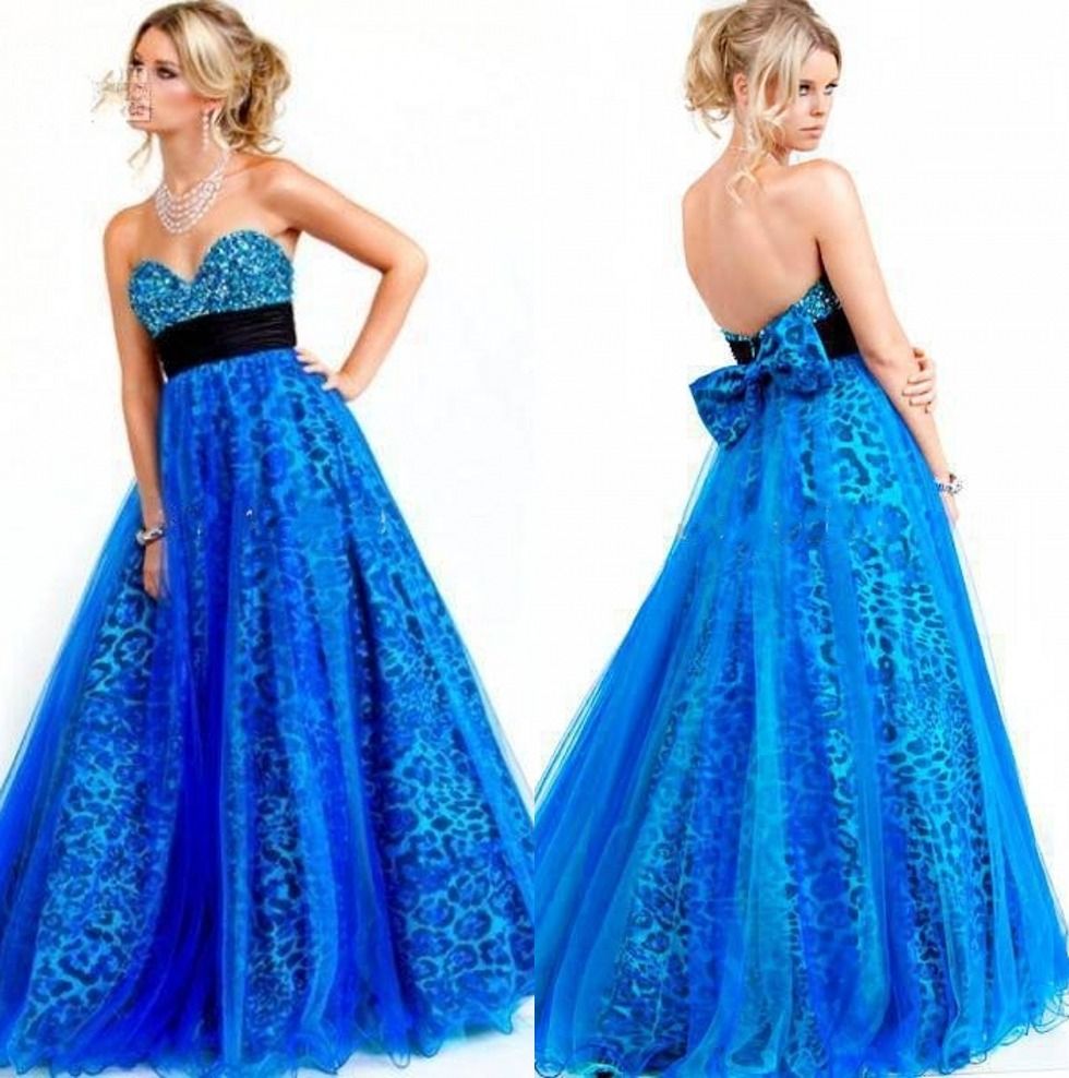 Unique Empire Sweetheart Blue Prom Dresses Crystals Animal Print
