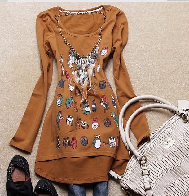 2012 women's new cute cartoon owl spring clothing design long money
