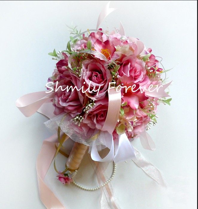 ! Hot Pink Silk Flower With Sash Bridal Bouquets,Wedding Bouquets