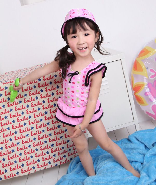 2017 2012 Baby Girl Pink Swimsuits Hat+One Piece Swimwear Bikini Age3