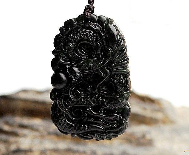Natural dark green jade, carved amulet, (swimming dragon playing with a pearl) pendant necklace