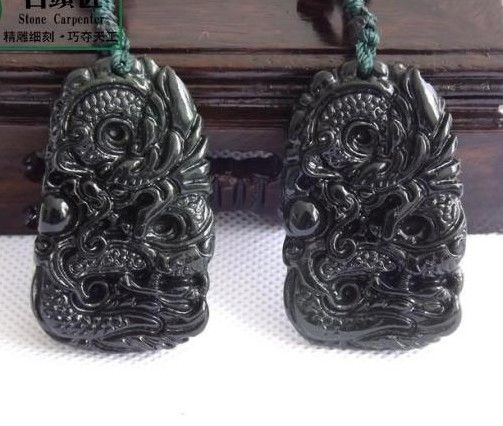 Natural dark green jade, carved amulet, (swimming dragon playing with a pearl) pendant necklace