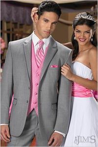 En kaliteli Yeni Iki Düğmeler Çentik Yaka Gri Damat Smokin / Düğün erkek Takım Elbise Damat Suits (ceket + Pantolon + Kravat + yelek) 09