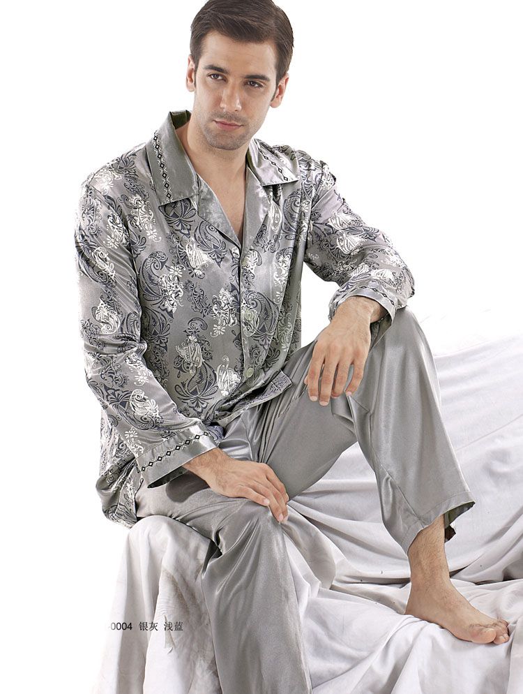 Shop by category This satin charmeuse two-piece pajama set is great for wearing around the house or to bed. Adorned with contrast piping, these satin pajamas look as great as they feel. Color options: Blue, chestnut, midnight blue, black.