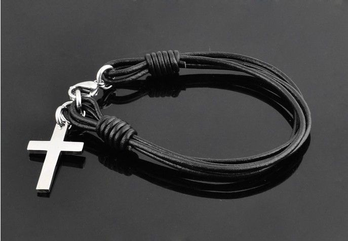 Cord  Bracelet Titanium Steel Cow Leather titanium cross Cross Black charm Bracelet Pendant