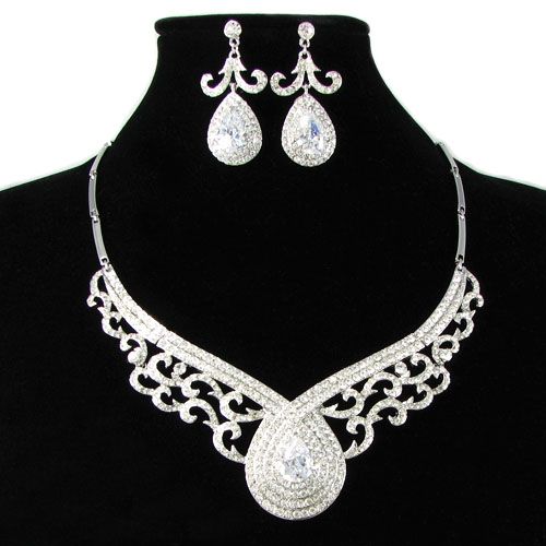 Silver White Wedding Jewelry Set NJ004 with Swarovski Elementsimulated