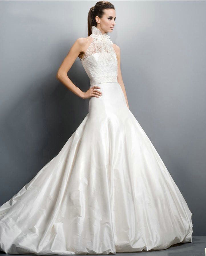 Discount Victorian Ball Gown High Neck Chapel Train Satin Bridal Dress