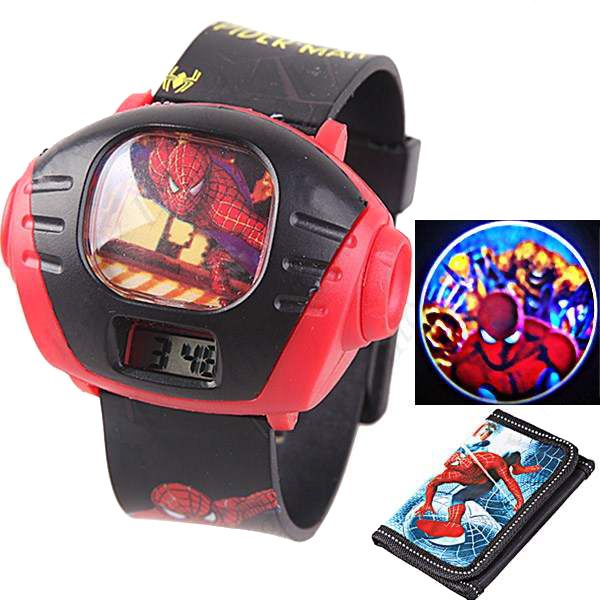 Spiderman Style Kids' Projector Digital Wrist Watch With Purse Wallet