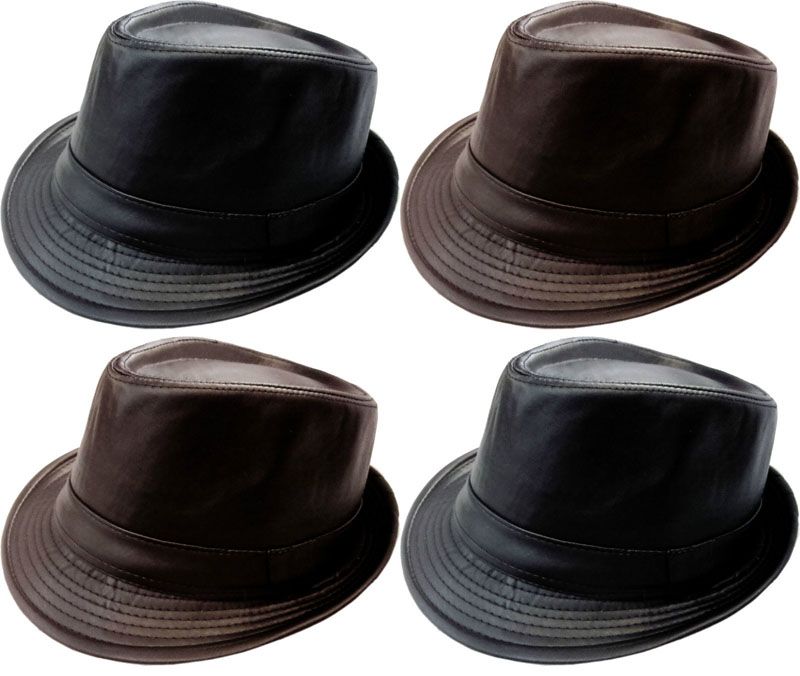 Black Leather Fedora Hat Leather Hat CapFedo Gangster Trilby Cap