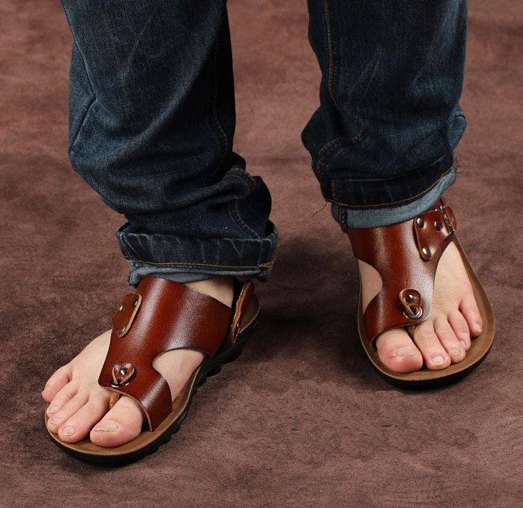 Men's Casual Folder Toe Sandals Wild Fashion Leather Sandals Drag from ...