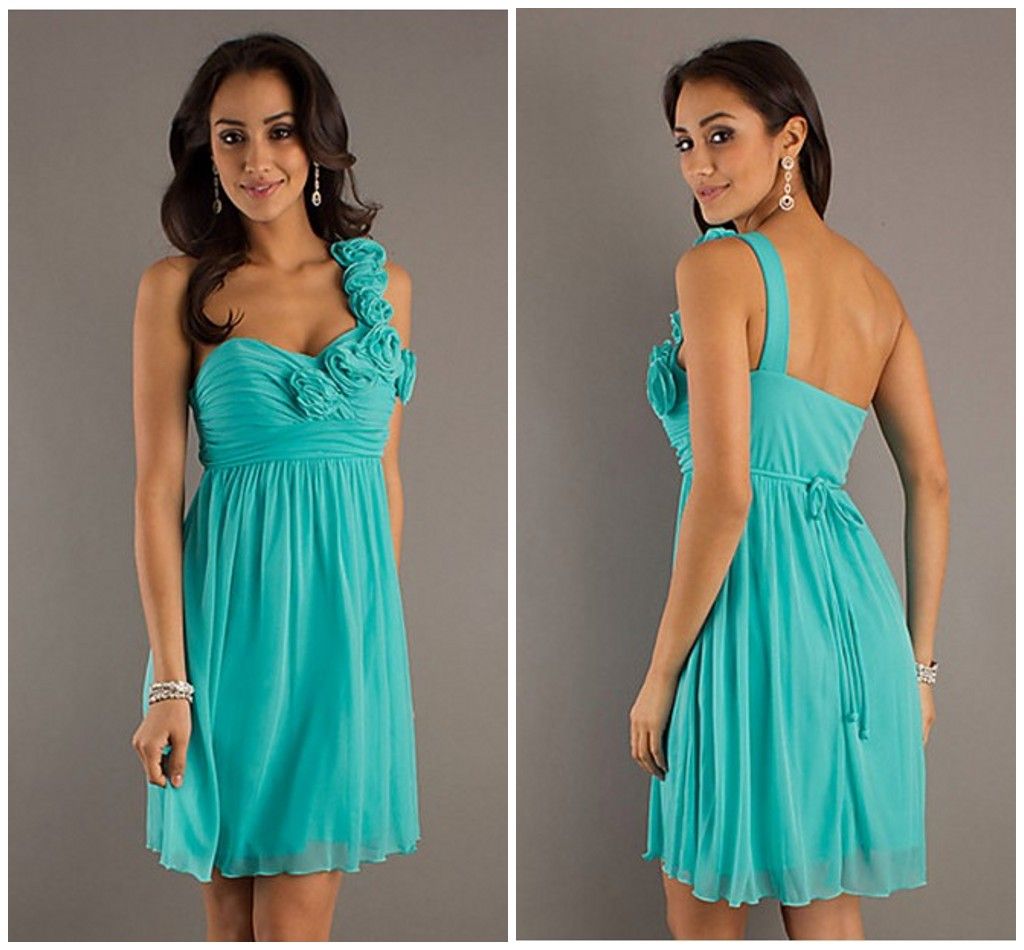 2012 Pool Blue Hand Made Flower Ruffles Short One Shoulder Cheap Empire Prom Dresses Party 