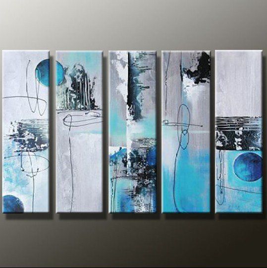Framed 5 Panels Huge Black White and Blue Wall Art 5 Panel Canvas Oil